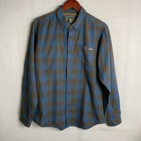 ExOfficio Mens Long Sleeve Blue Plaid Button Up Hidden Pocket Shirt Large - Picture 2 of 15